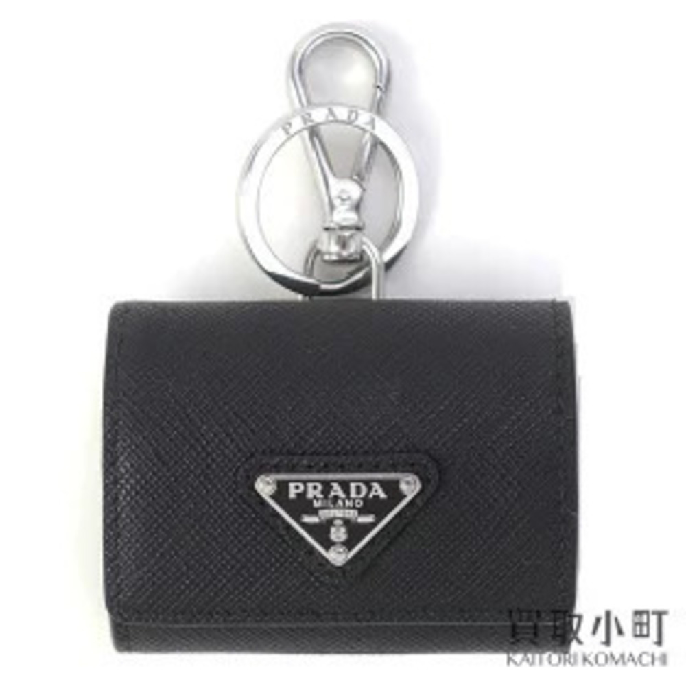 Prada Saffiano Leather Earphone Case Snap Hook Triangle Black